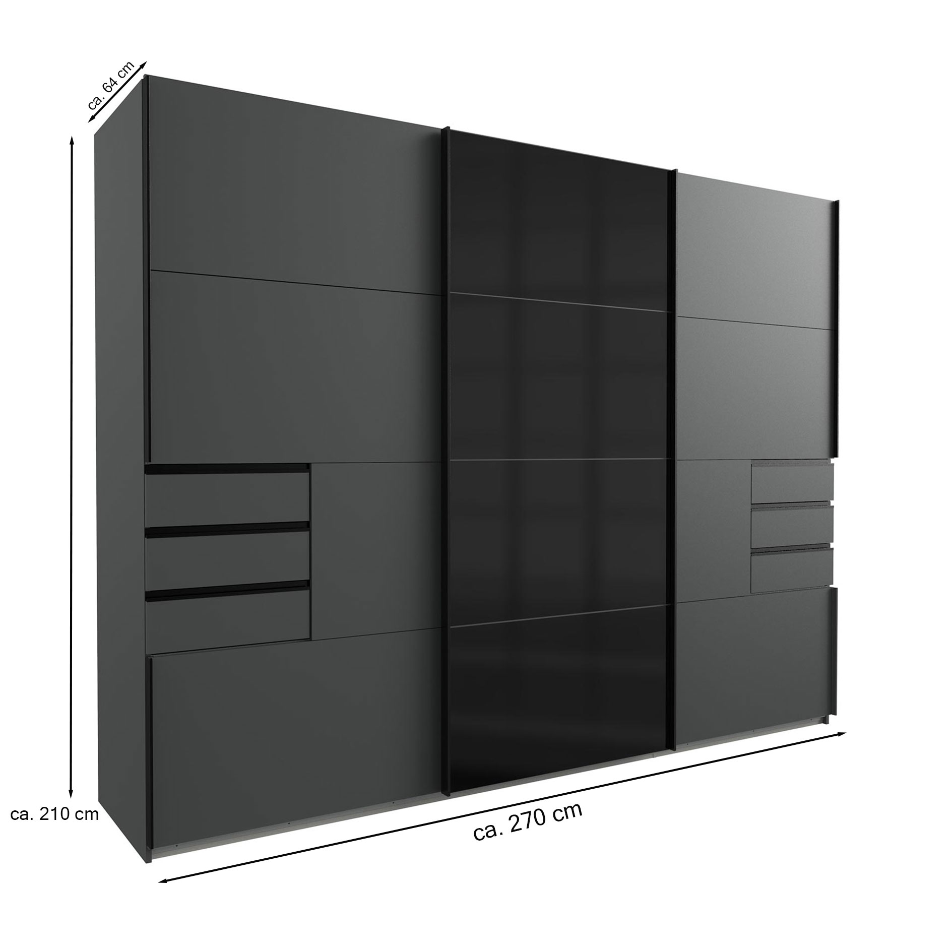 Schwebetürenschrank - graphit-schwarz - 6 Schubkästen - 270 cm