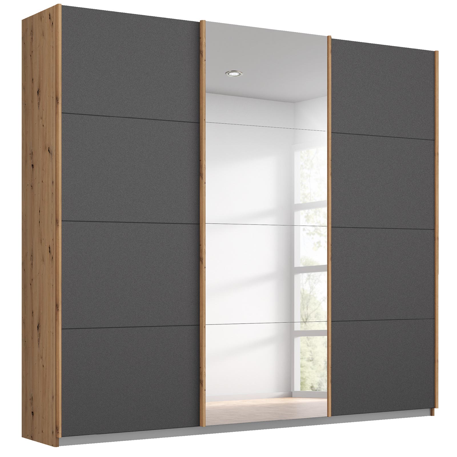 Schwebetürenschrank - grau metallic - Eiche Artisan - mit Spiegel - 203x210 cm
