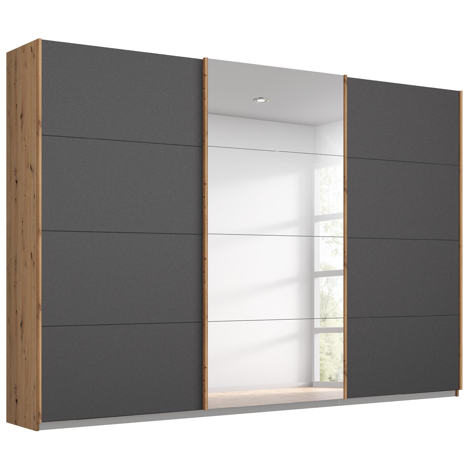 Schwebetürenschrank - grau metallic - Eiche Artisan - mit Spiegel - 271x210 cm