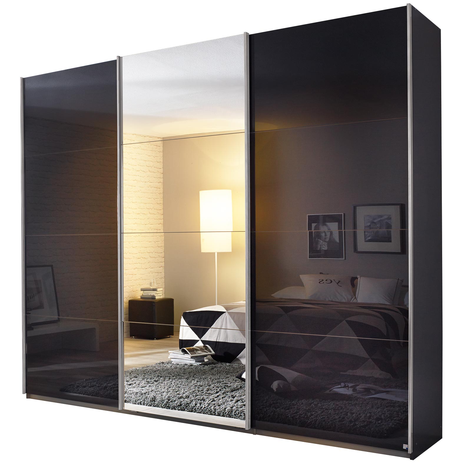 Schwebetürenschrank - grau metallic - mit Spiegel - 2 Glastüren - 271x229 cm