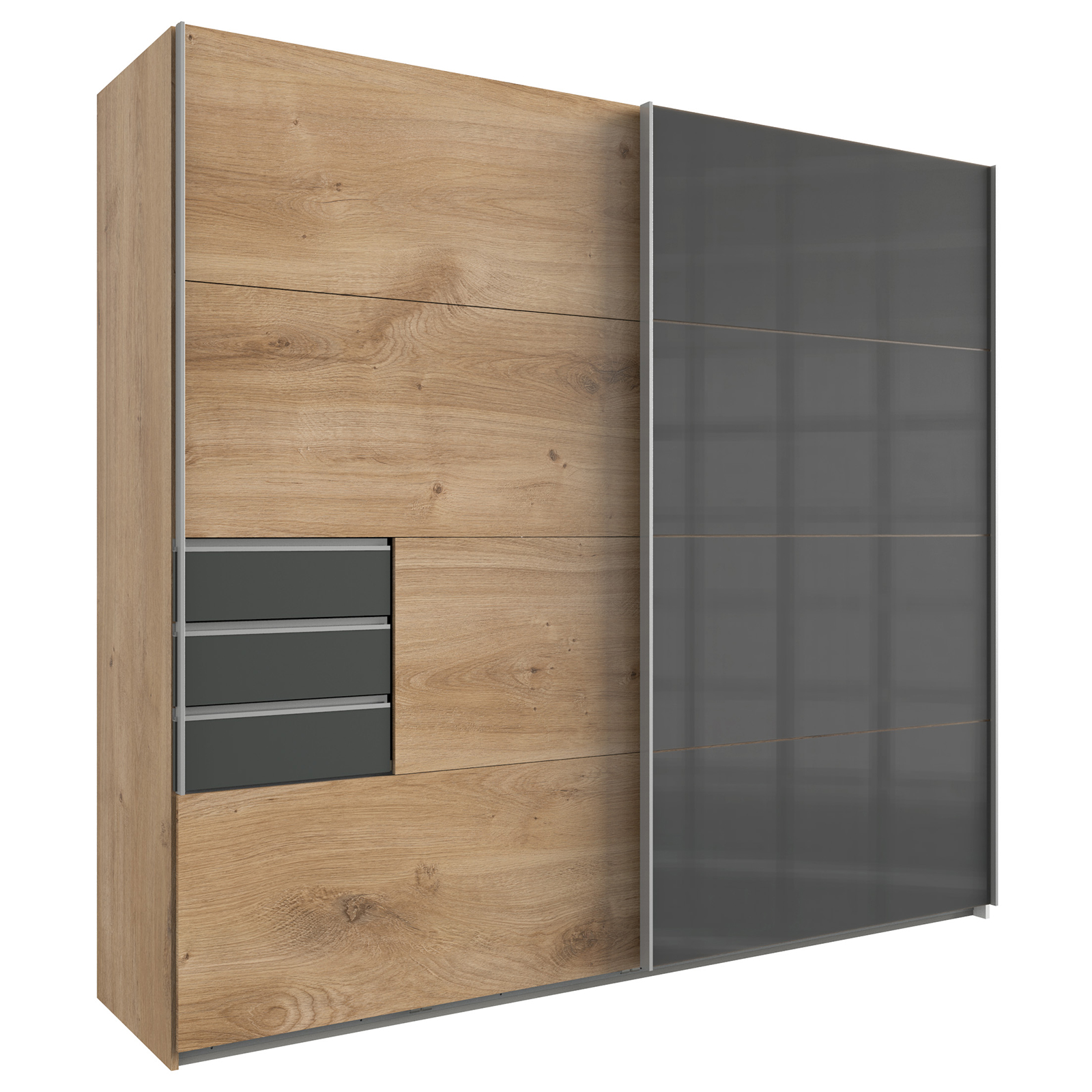 Schwebetürenschrank - Plankeneiche - grey - 3 Schubkästen - 225 cm