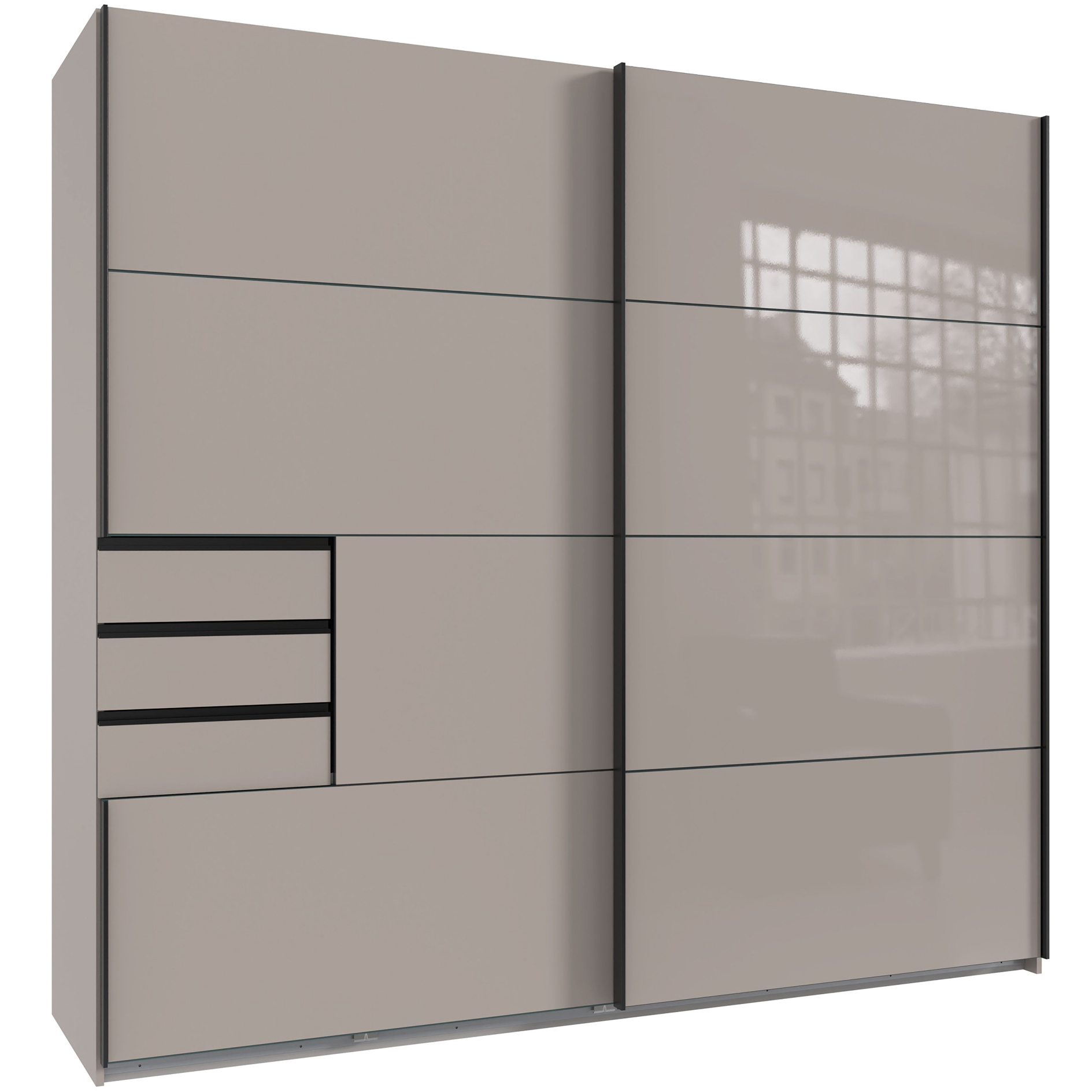 Schwebetürenschrank - saharagrau - 3 Schubkästen - 225 cm