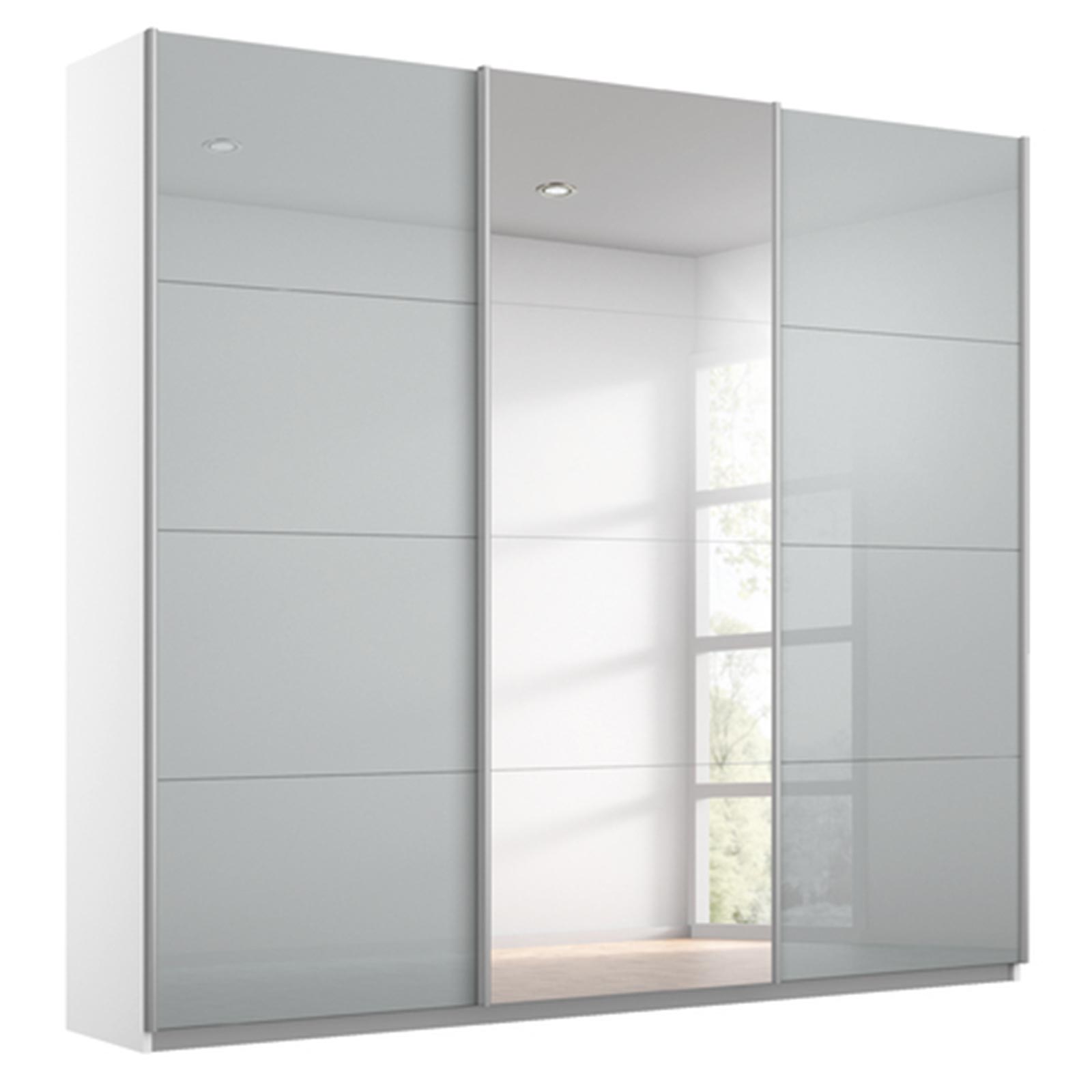 Schwebetürenschrank - seidengrau - alpinweiß - mit Spiegel - 2 Glastüren - 203x210 cm