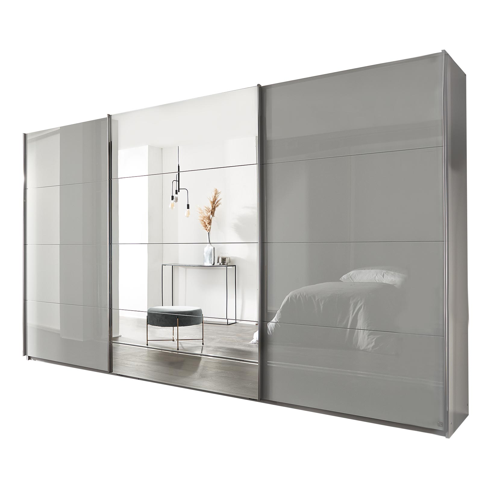 Schwebetürenschrank - seidengrau - mit Spiegel - 2 Glastüren - 360x210 cm