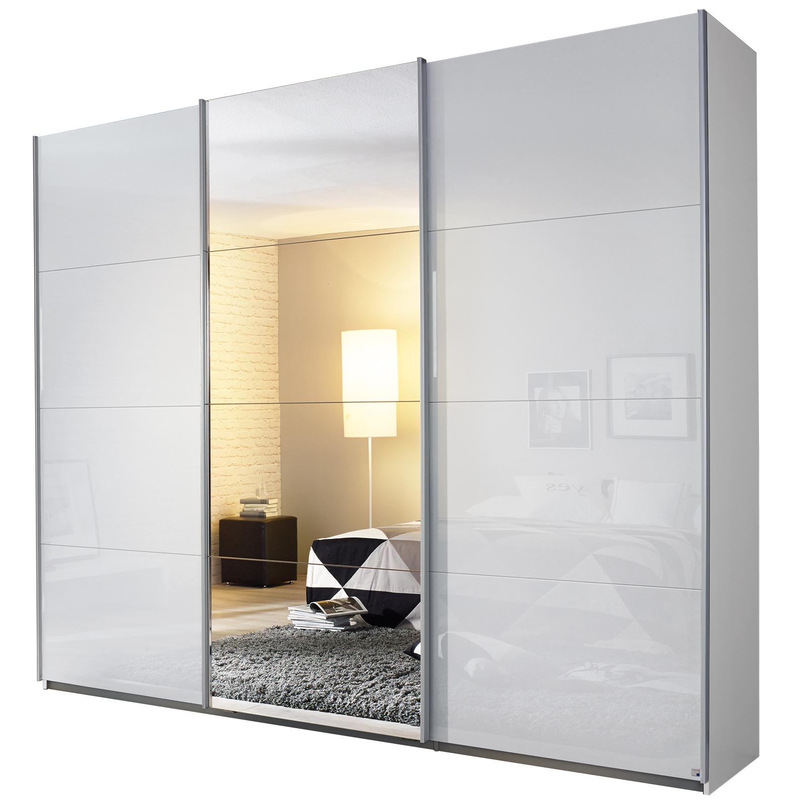 Schwebetürenschrank - weiß - alpinweiß - mit Spiegel - 2 Glastüren - 271x210 cm