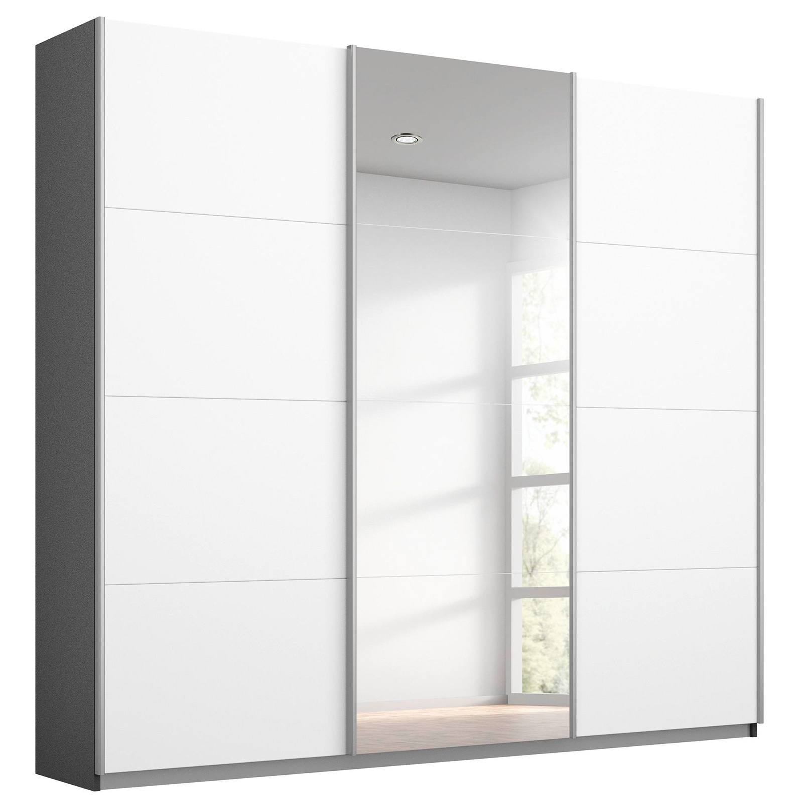 Schwebetürenschrank - weiß-alufarben - grau metallic - mit Spiegel - 203x210 cm
