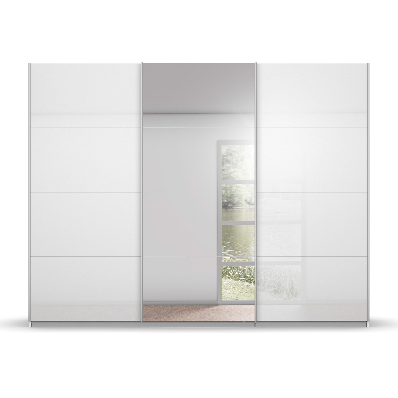 Schwebetürenschrank - weiß Hochglanz - alufarben - mit Spiegel - 271x210 cm