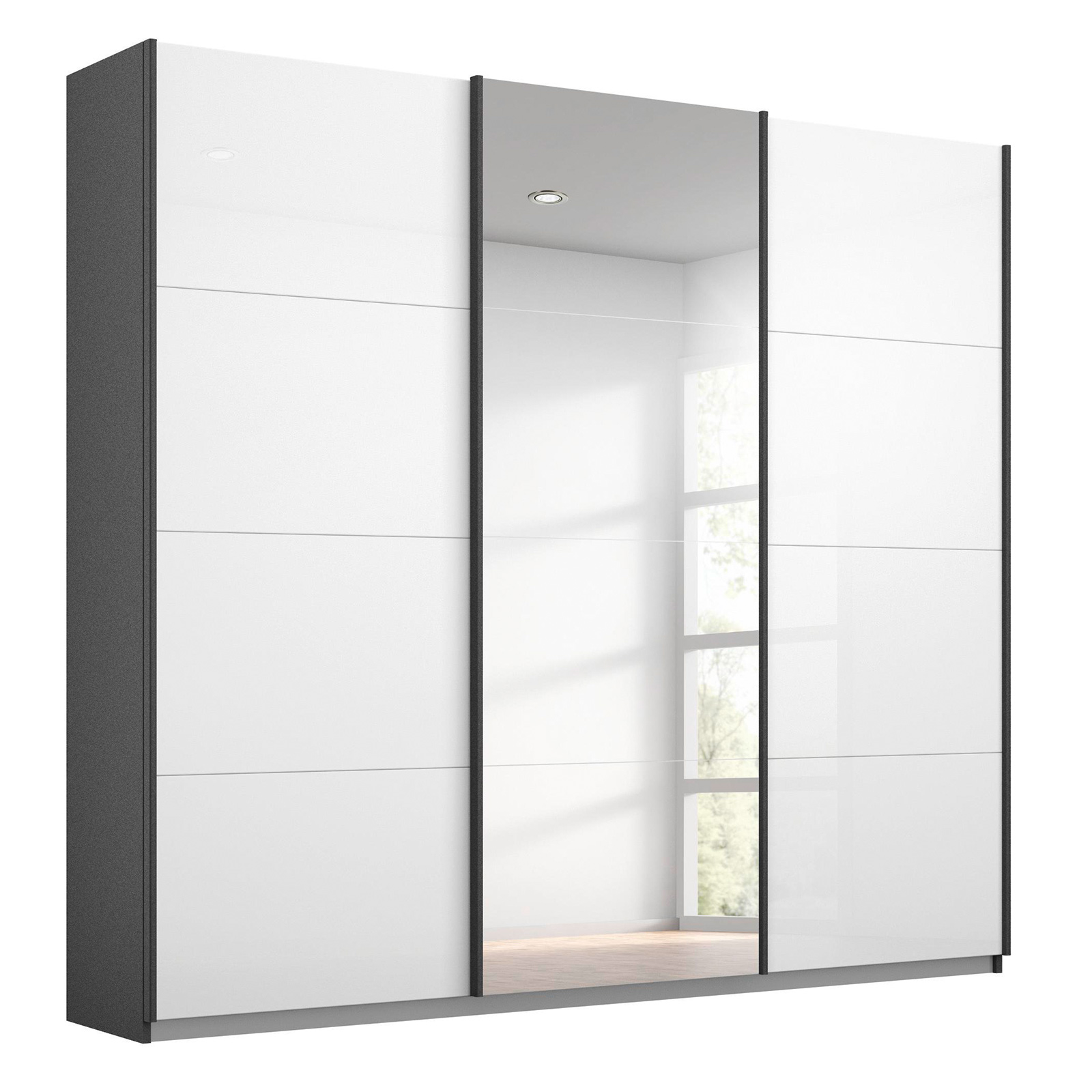 Schwebetürenschrank - weiß Hochglanz - grau metallic - mit Spiegel - 203x210 cm
