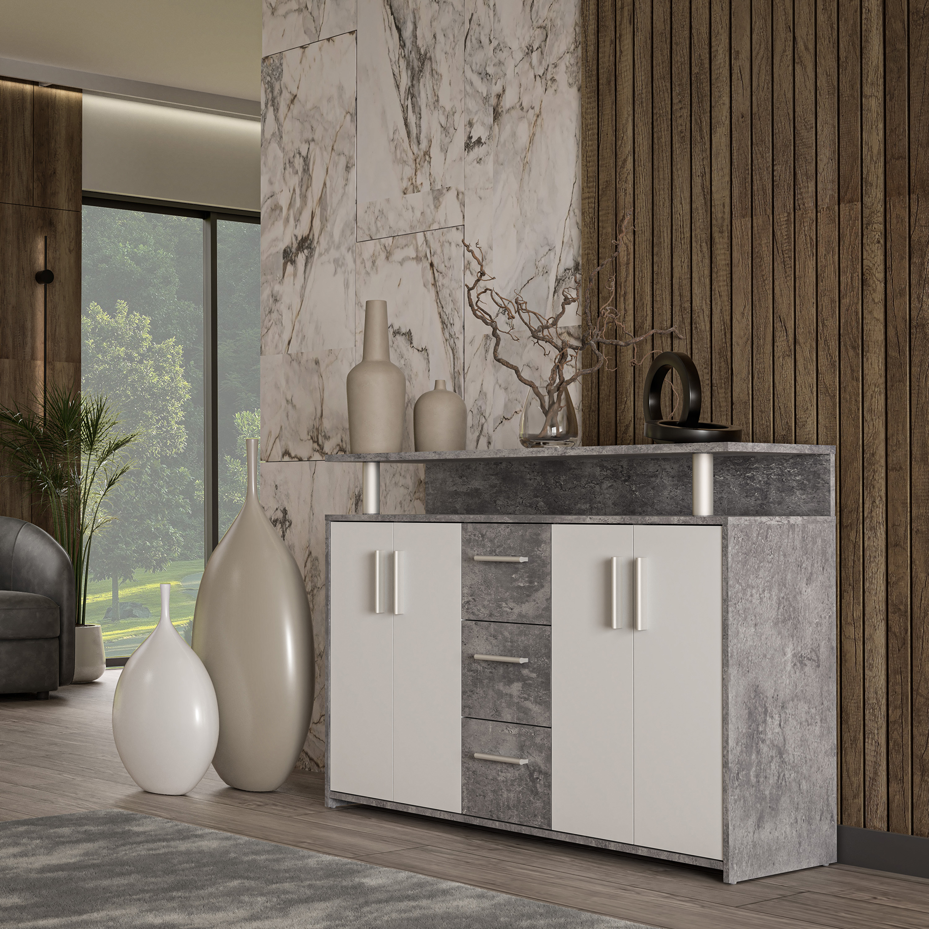Sideboard - Betonoptik-weiß - 4 Türen - 132 cm breit