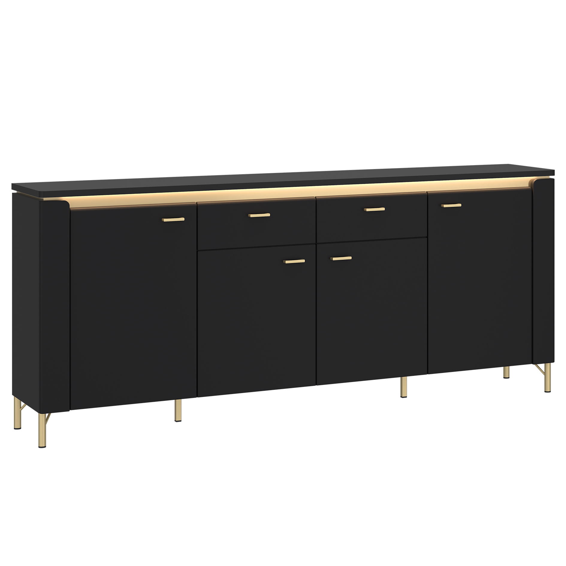 Sideboard - schwarz matt - gold - 2 Schubkästen - 200 cm breit