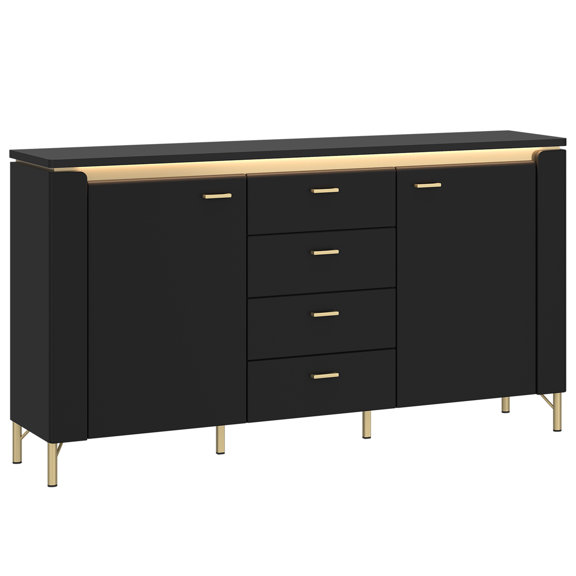 Sideboard - schwarz matt - gold - 4 Schubkästen - 155 cm breit