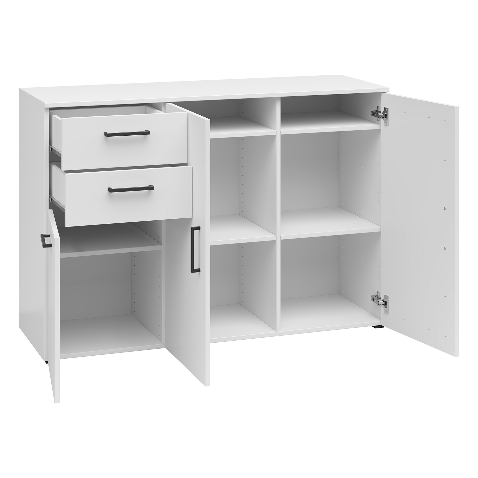 Sideboard 130 Cm Breit Hochglanz Weiß | Kommode Mit 2 Schubladen Türen | Buffetschrank Für Wohnzimmer Küche