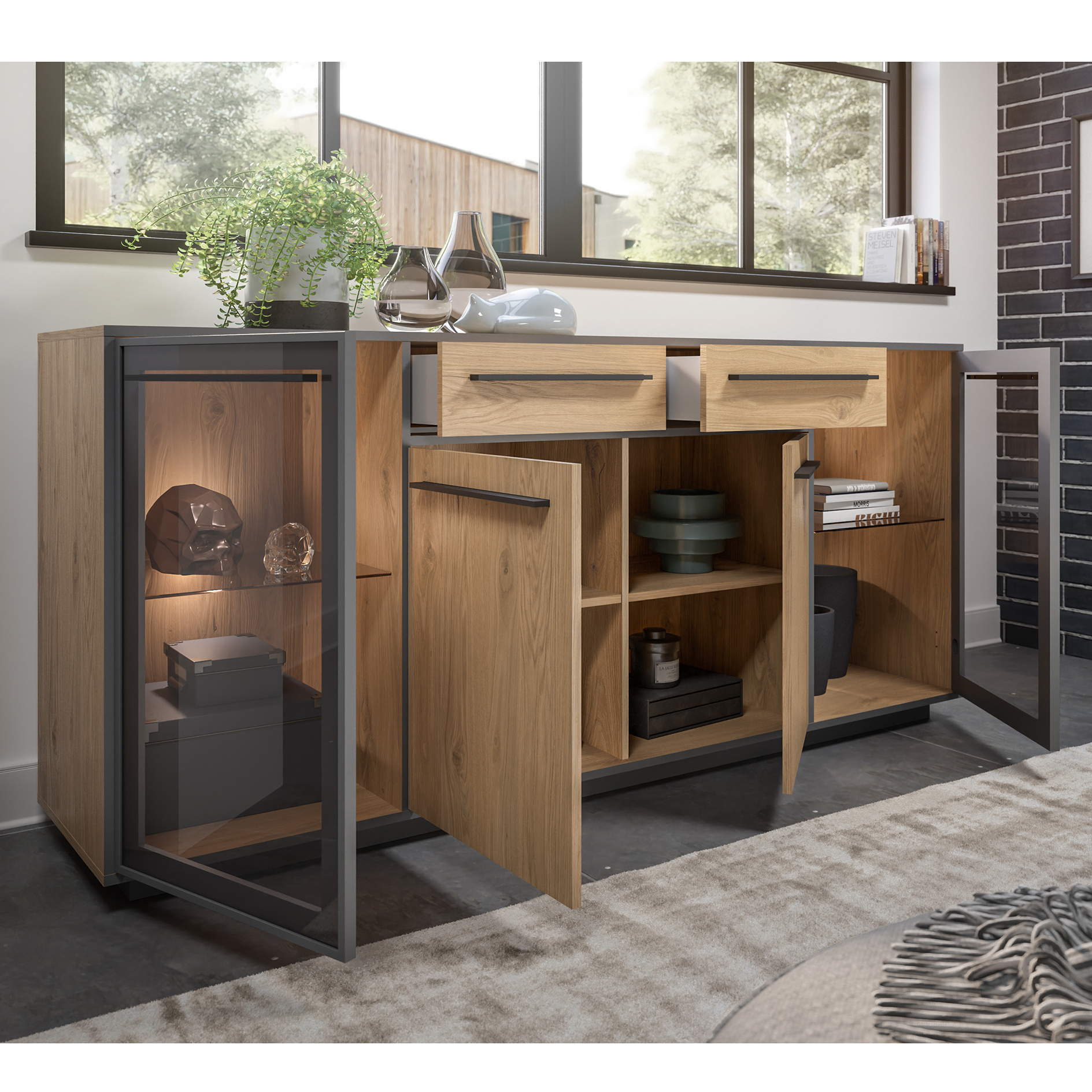 Sideboard - Wildeiche - schwarz - LED-Beleuchtung - 187 cm breit