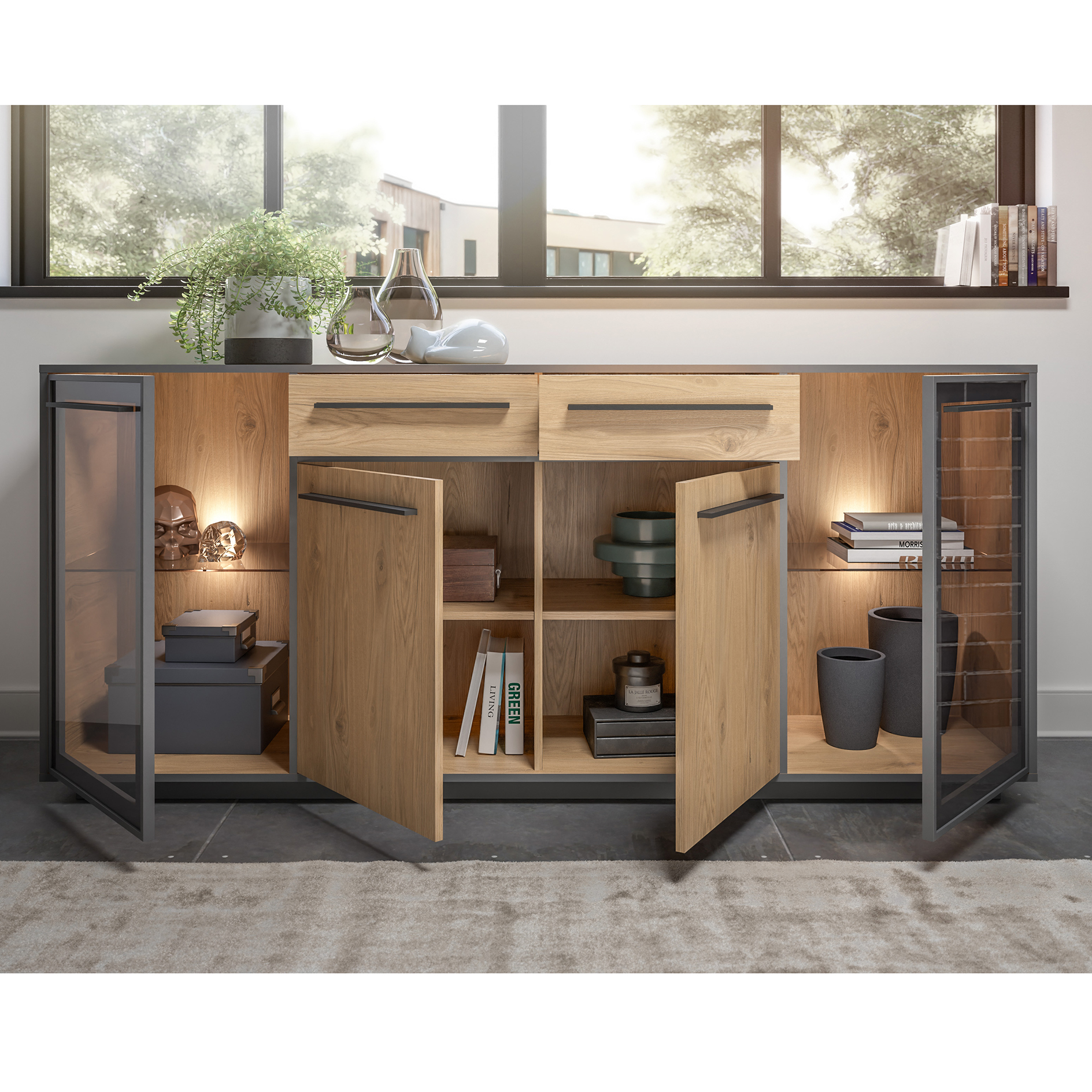 Sideboard - Wildeiche - schwarz - LED-Beleuchtung - 187 cm breit