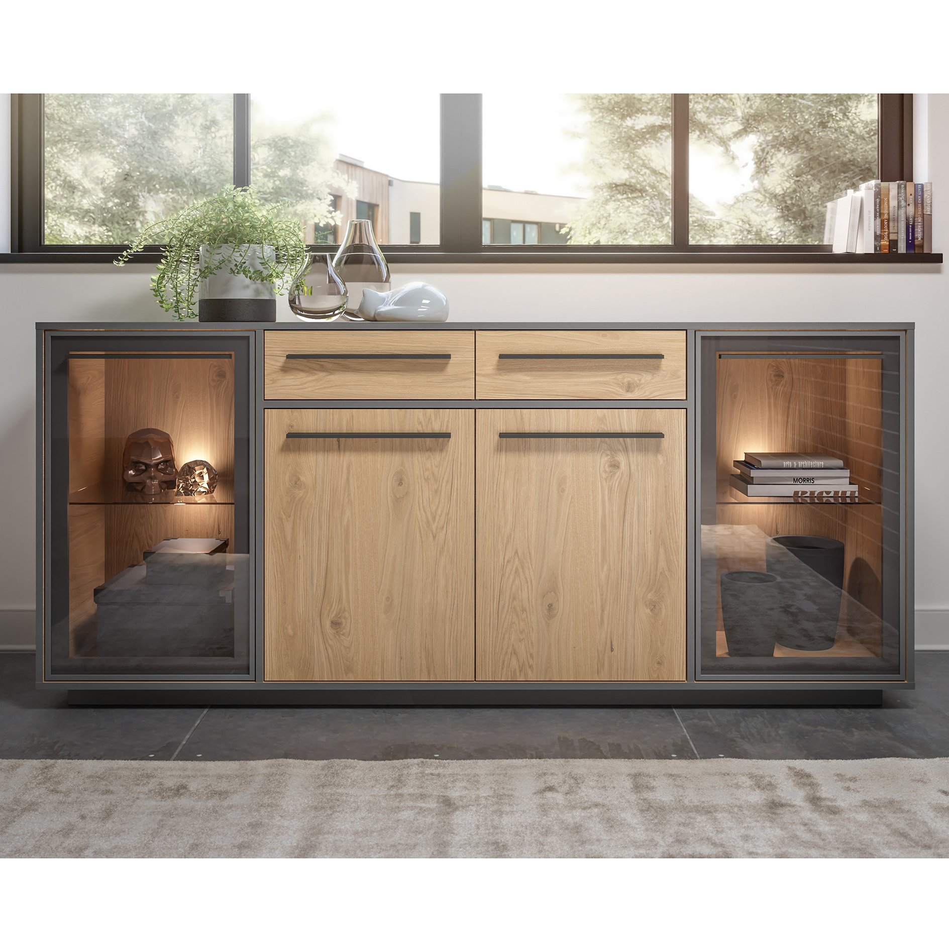 Sideboard - Wildeiche - schwarz - LED-Beleuchtung - 187 cm breit