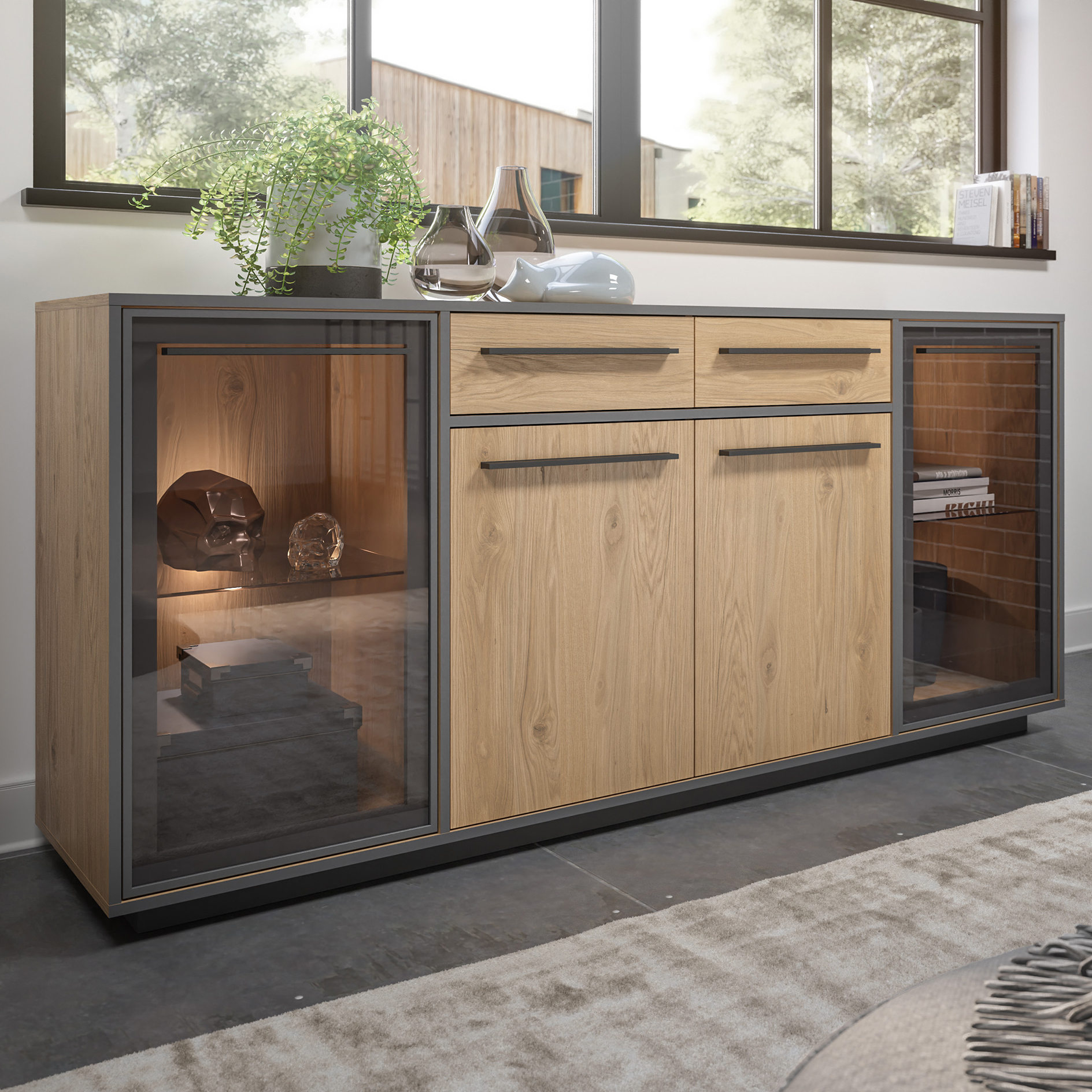 Sideboard - Wildeiche - schwarz - LED-Beleuchtung - 187 cm breit