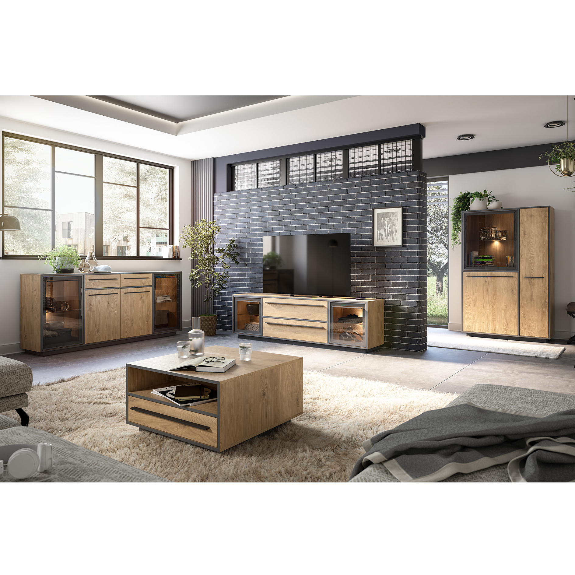 Sideboard - Wildeiche - schwarz - LED-Beleuchtung - 187 cm breit