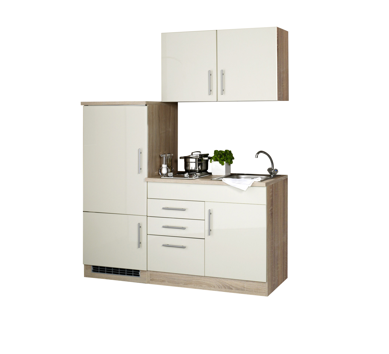 Single-Küche TORONTO - creme Hochglanz - mit E-Geräten - 160 cm