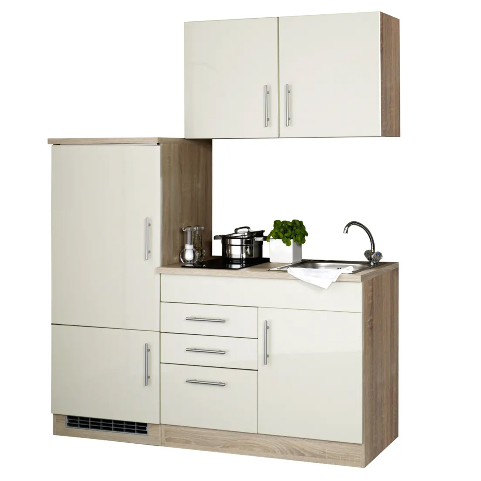 Single-Küche TORONTO - creme Hochglanz - mit E-Geräten - 160 cm