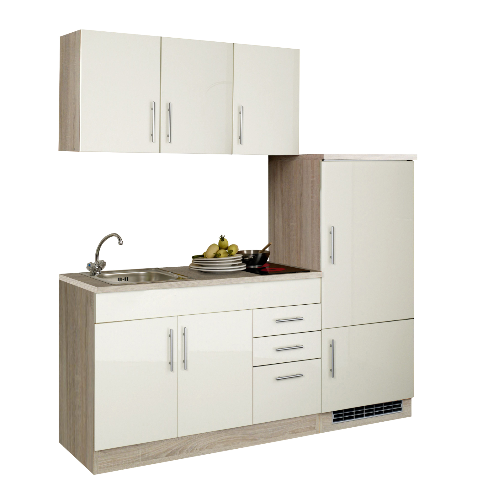 Single-Küche TORONTO - creme Hochglanz - mit E-Geräten - 180 cm
