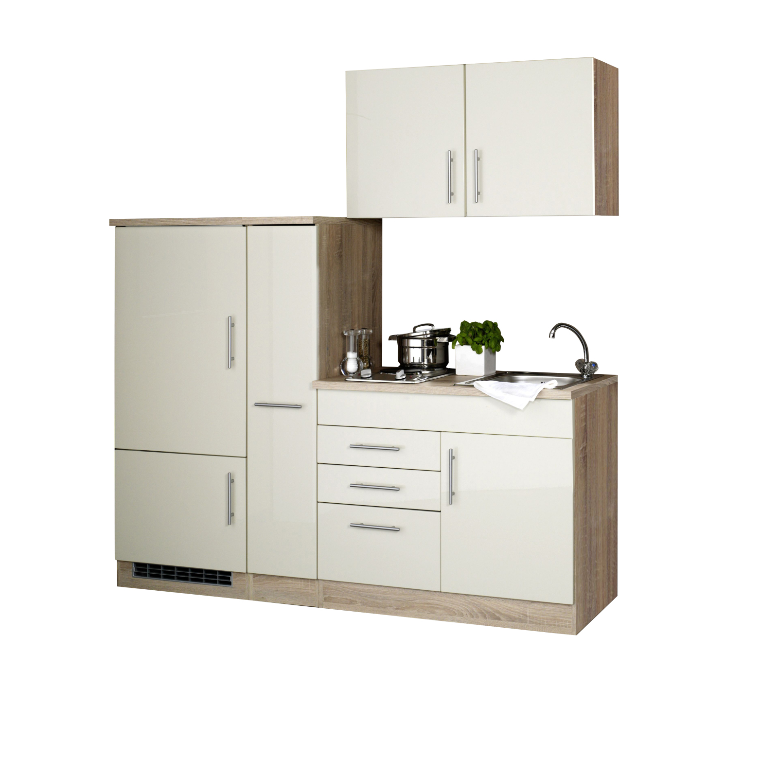 Single-Küche TORONTO - creme Hochglanz - mit E-Geräten - 190 cm