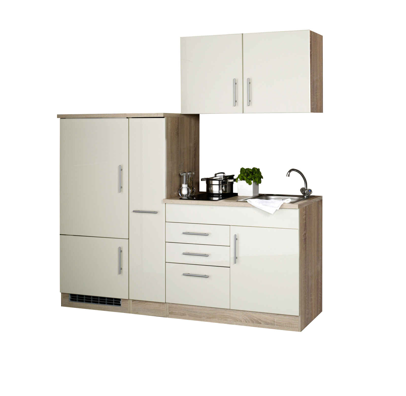 Single-Küche TORONTO - creme Hochglanz - mit E-Geräten - 190 cm