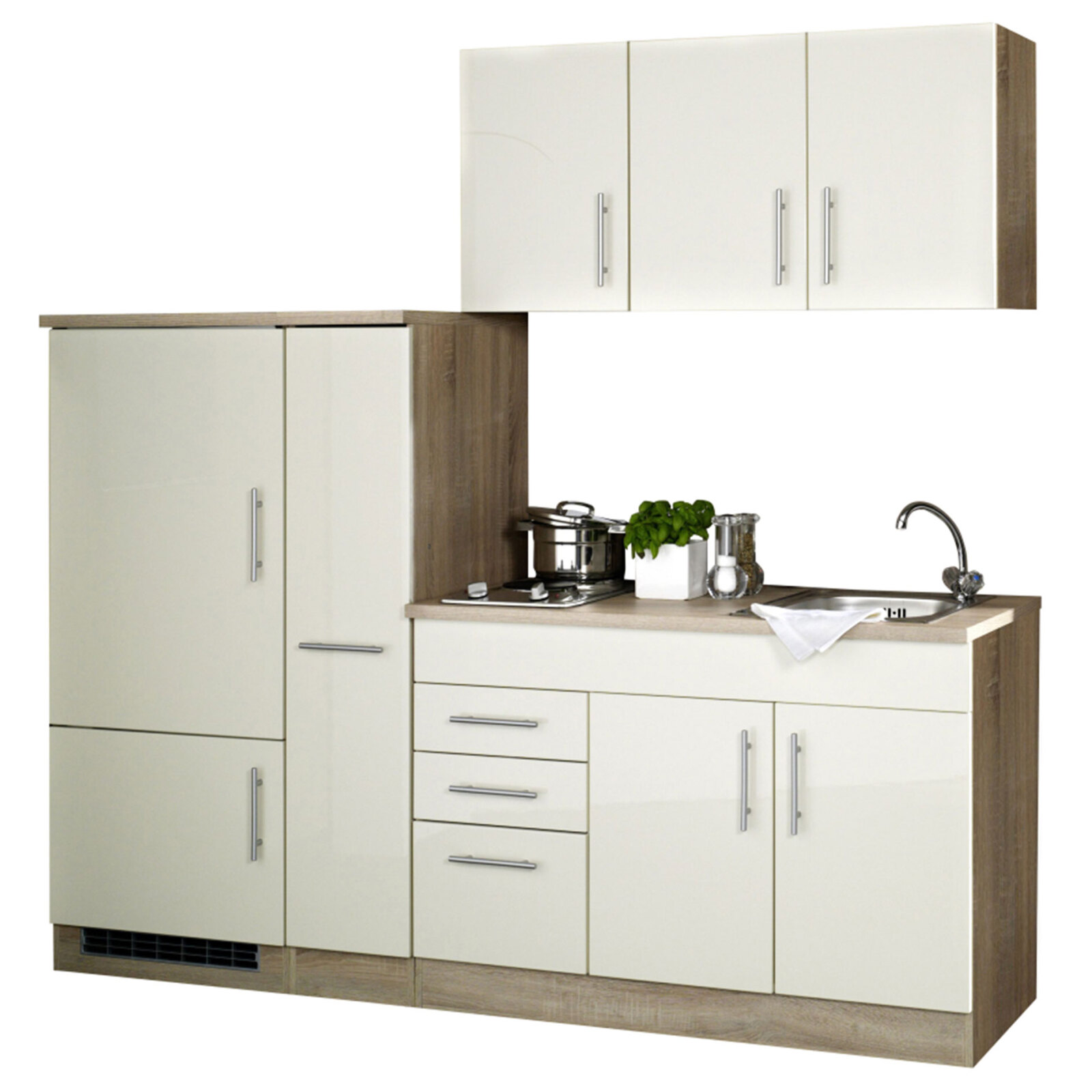 Single-Küche TORONTO - creme Hochglanz - mit E-Geräten - 210 cm