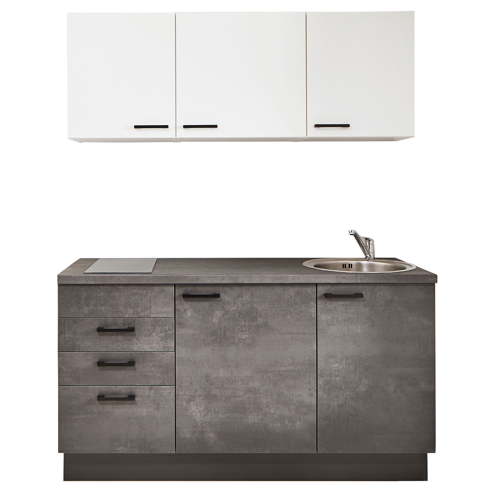 Single-Miniküche - Beton-graphitgrau-weiß - Kochfeld links - 160 cm