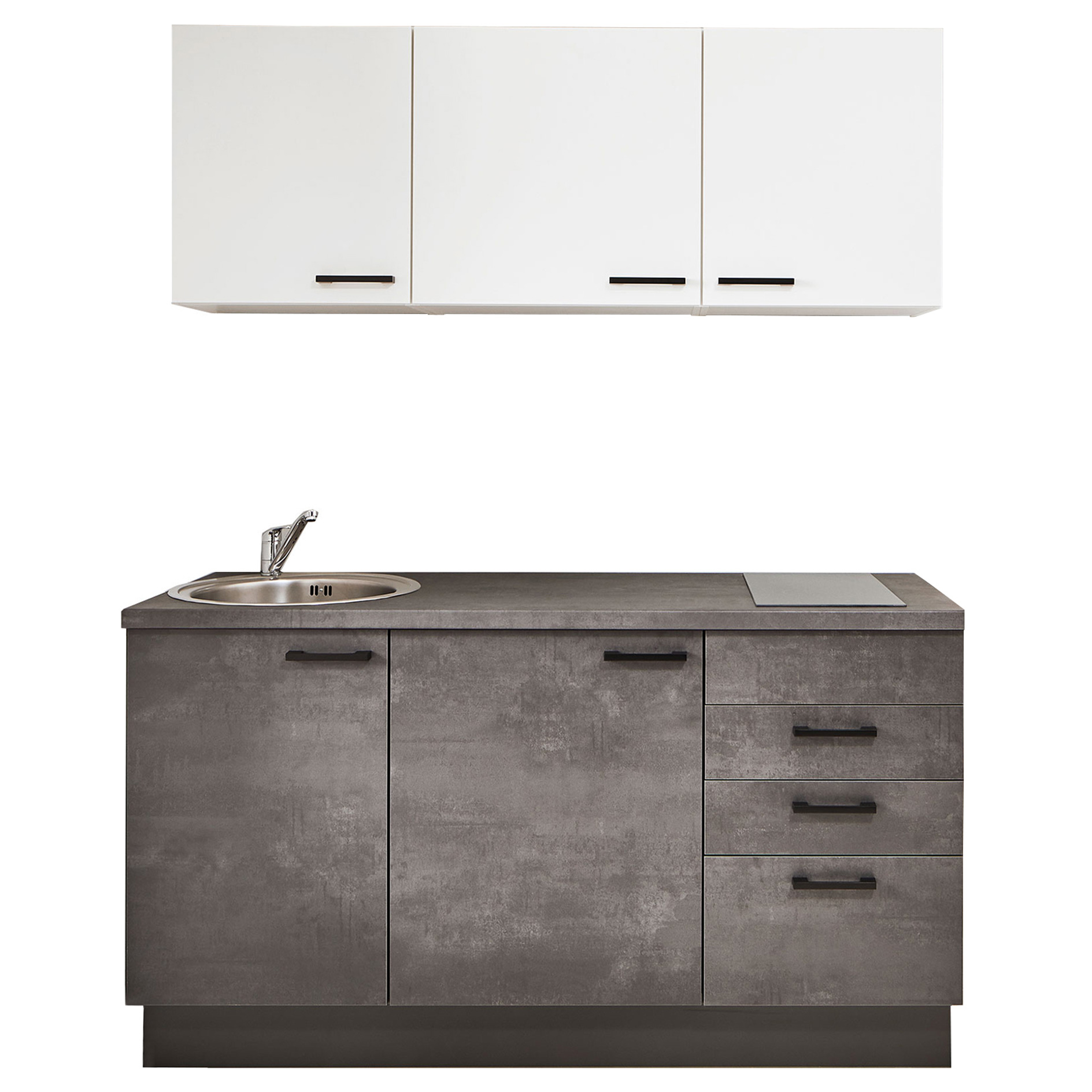 Single-Miniküche - Beton-graphitgrau-weiß - Kochfeld rechts - 160 cm