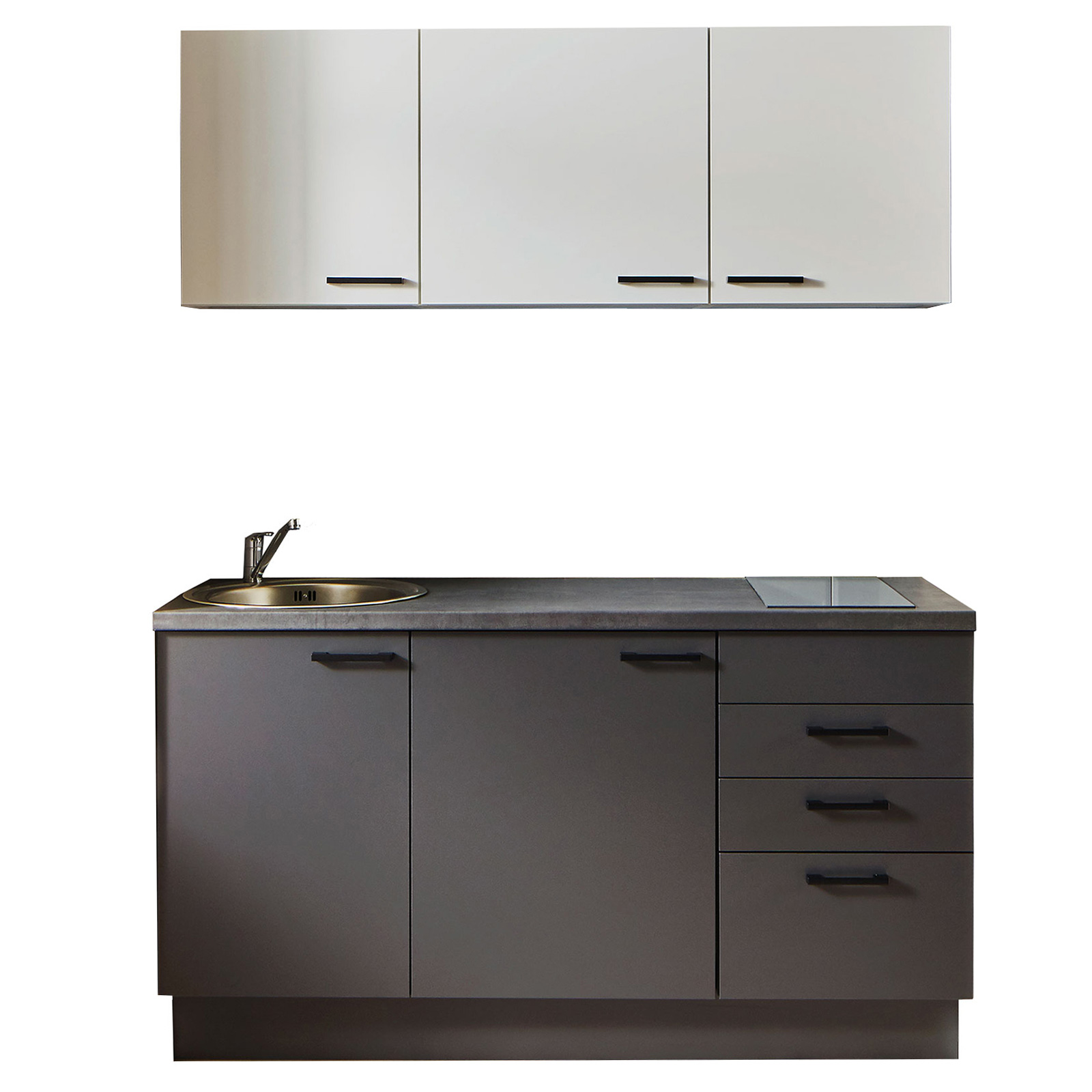 Single-Miniküche - weiß-Graphit-Beton-graphitgrau - Kochfeld rechts - 160 cm