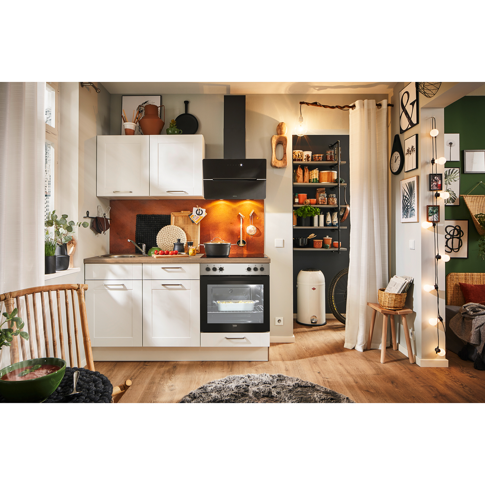 Single-Miniküche - weiß matt - Eiche Aviva - Backofen rechts - 160 cm