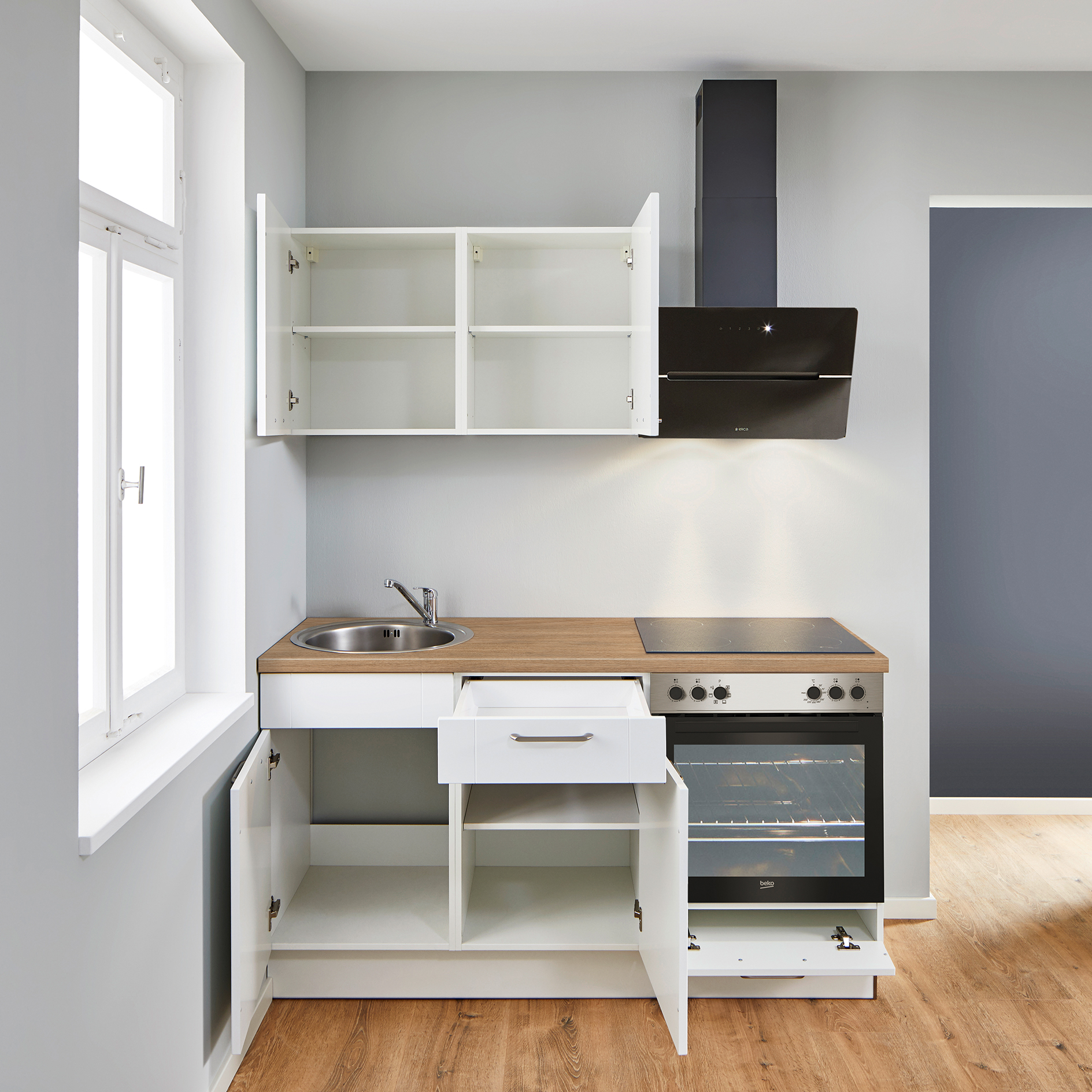 Single-Miniküche - weiß matt - Eiche Aviva - Backofen rechts - 160 cm
