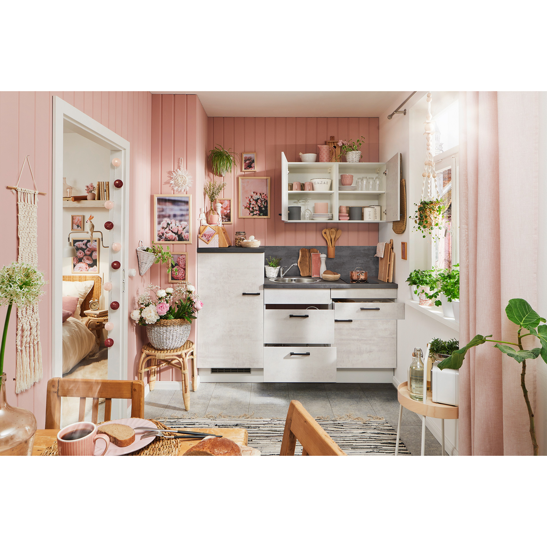 Singleküche - Beton - lichtgrau - Kühlschrank links - 180 cm