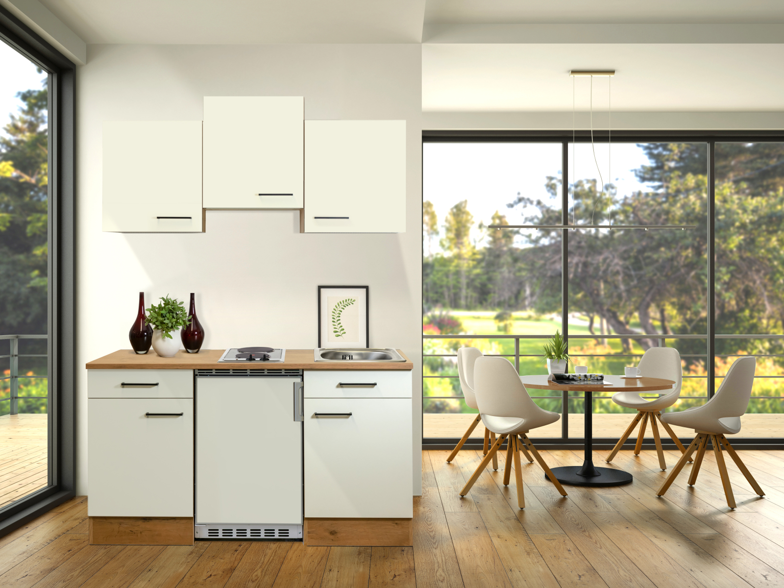 Singleküche VINTEA - Magnolia matt-Lancelot Oak - mit E-Geräten - 150 cm