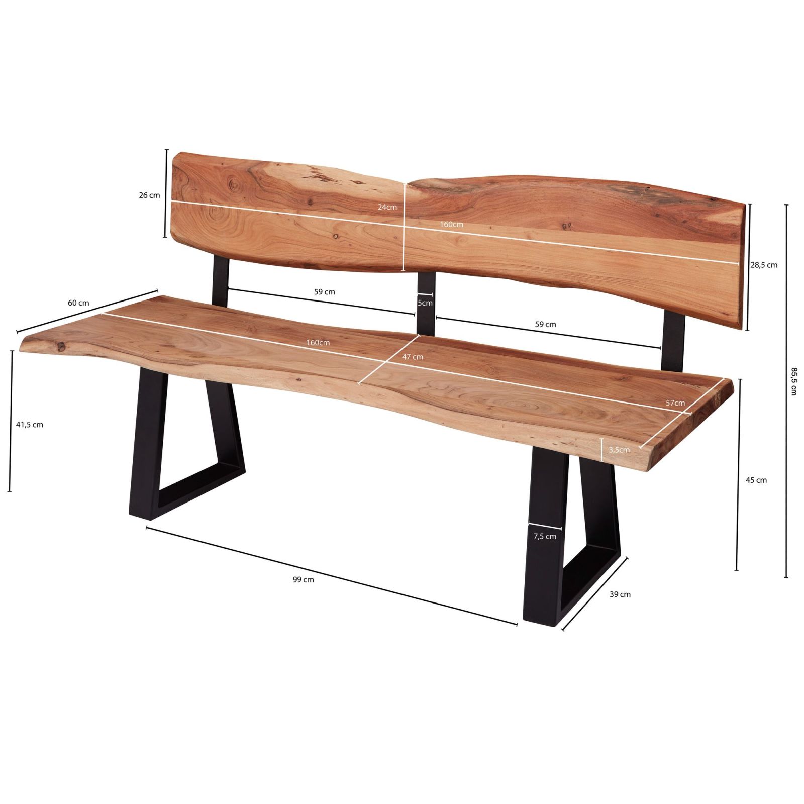 Sitzbank - braun-schwarz matt - Massivholz - 160 cm breit 