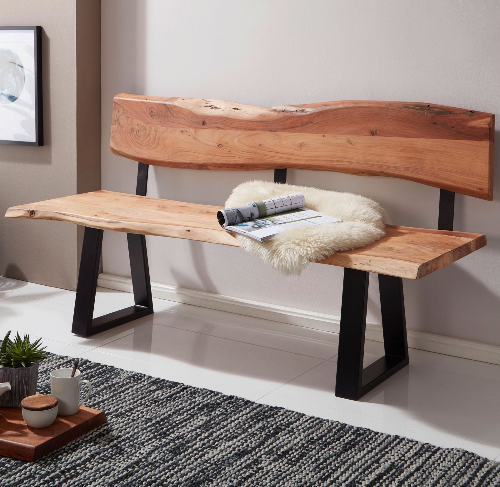 Sitzbank - braun-schwarz matt - Massivholz - 160 cm breit 