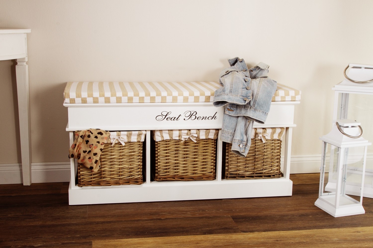 Sitzbank JOANA - weiß-beige - 3 Körbe