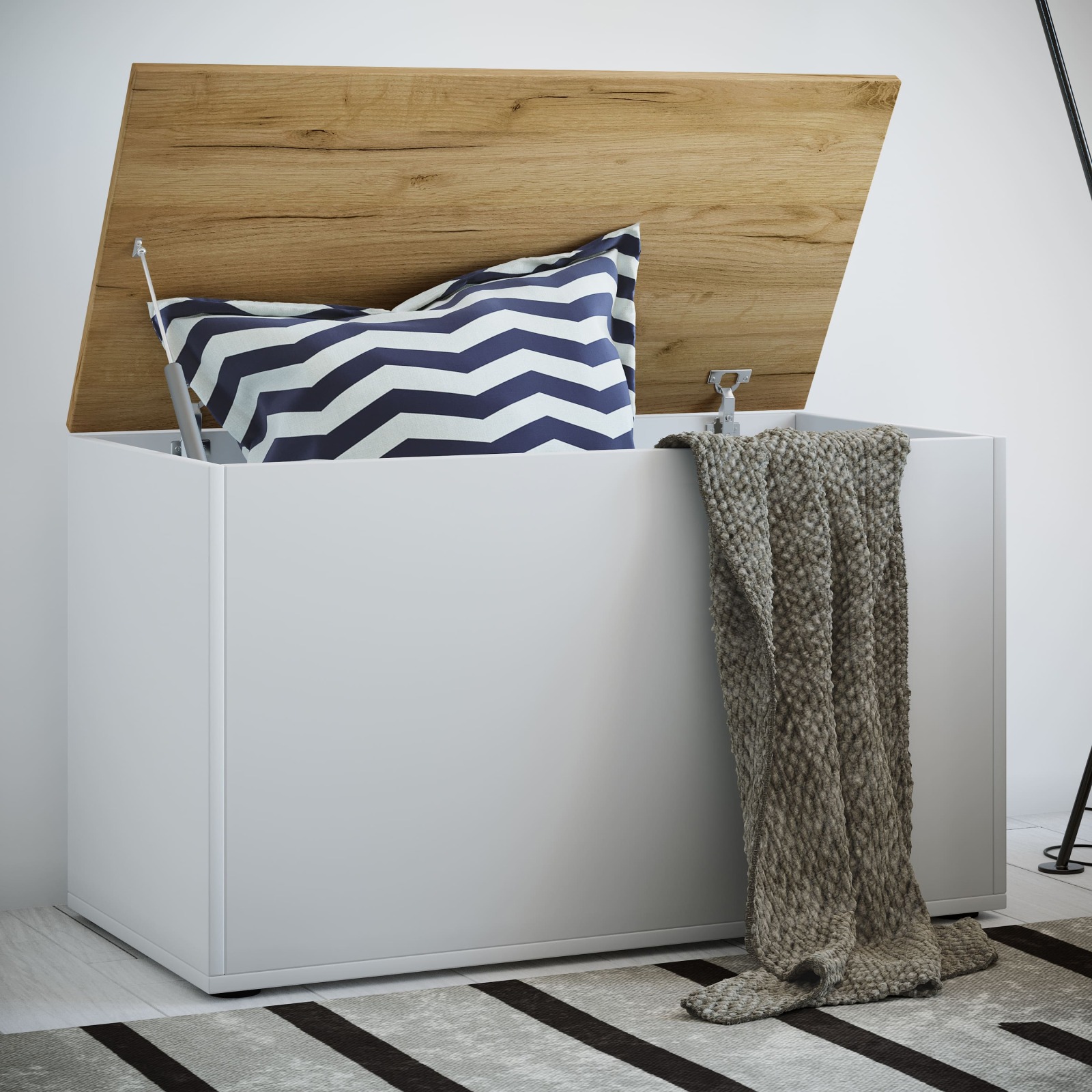 Sitztruhe BENDOLA - weiß - Honig Eiche - 82 cm breit