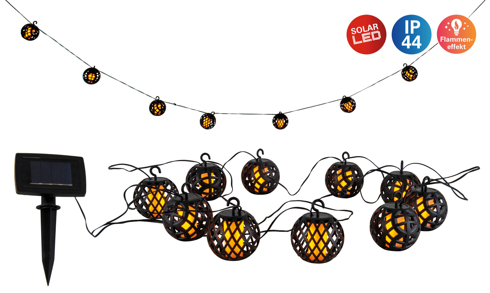 Solar-LED-Kugellicherkette FOGO - schwarz - Flammeneffekt
