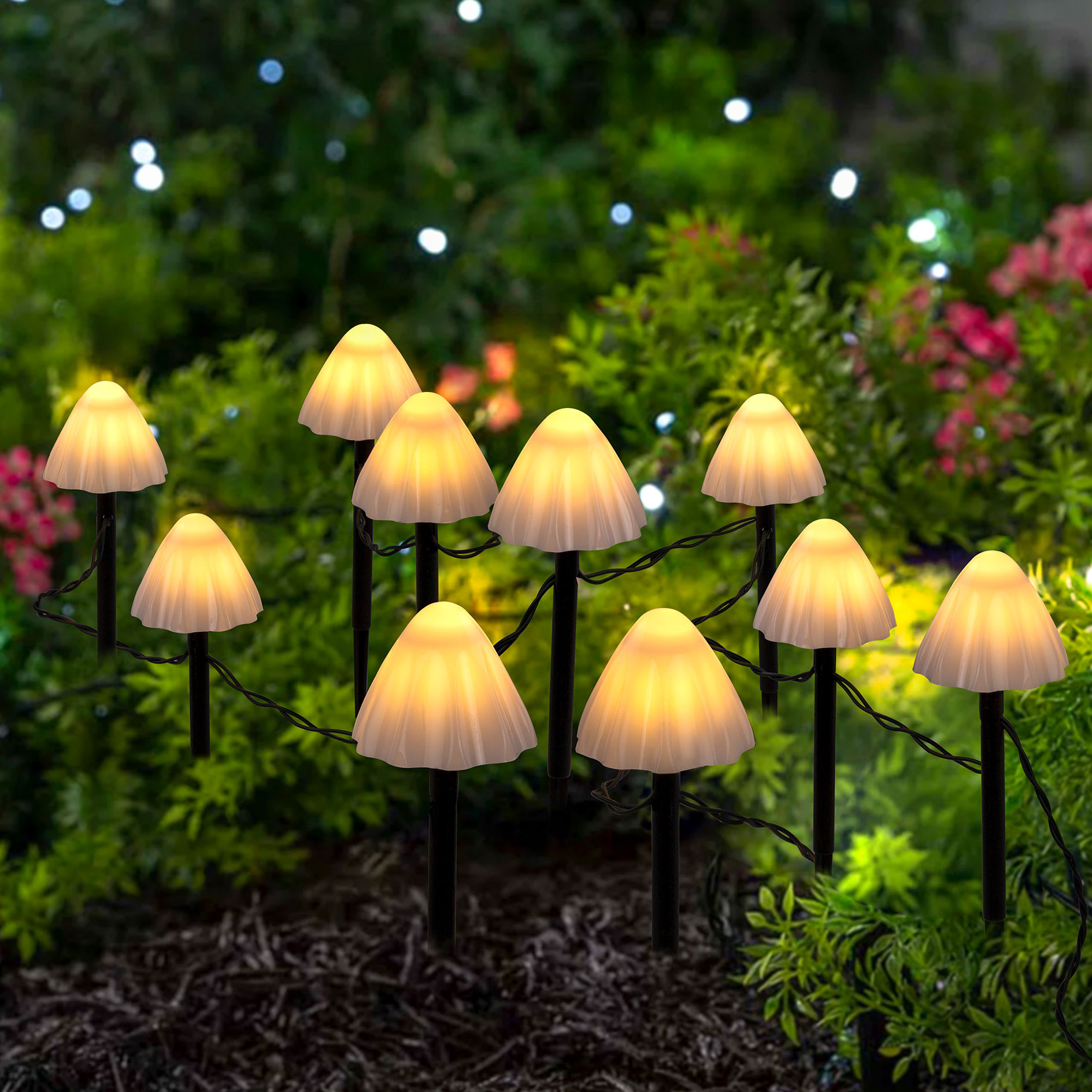 Solar-LED-Lichterkette - schwarz-weiß - Pilze