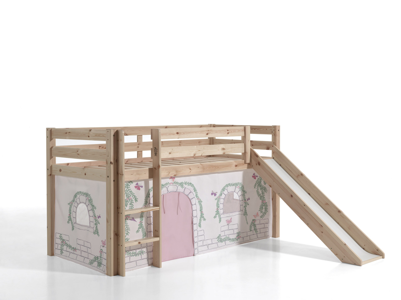 Spielbett PINO mit Rutsche und Vorhang BIRDY - natur - Kiefer - 90x200 cm