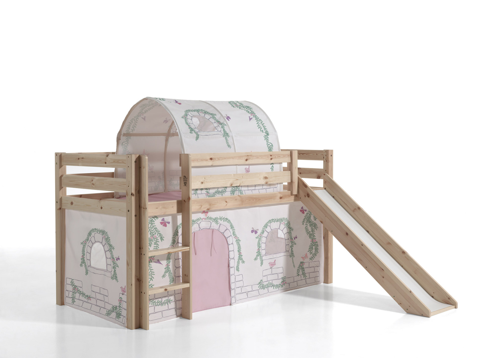 Spielbett PINO mit Rutsche und Vorhang BIRDY - natur - mit Tunnel - 90x200 cm