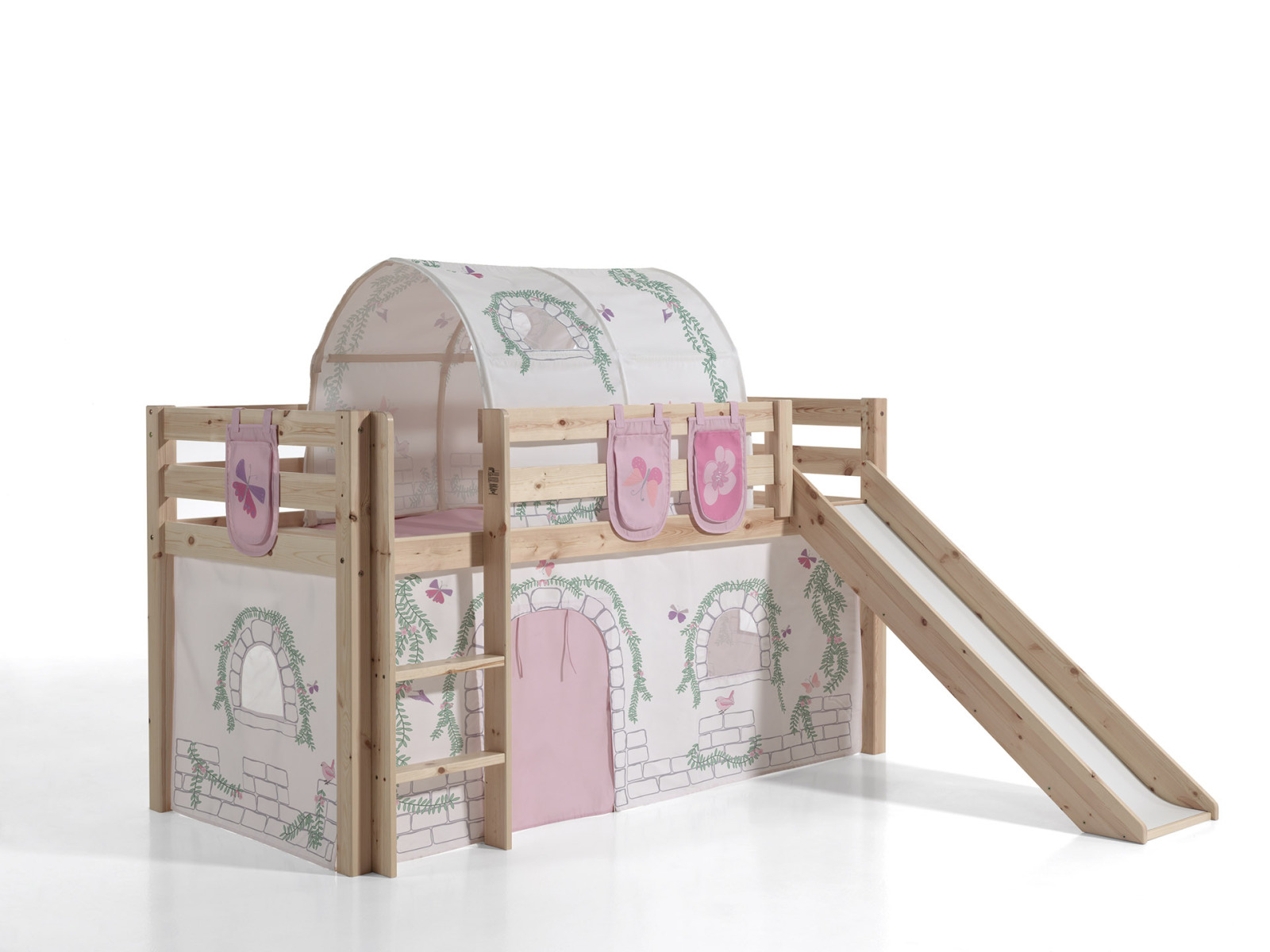 Spielbett PINO mit Rutsche und Vorhang BIRDY - natur - Tunnel & 3 Taschen - 90x200 cm