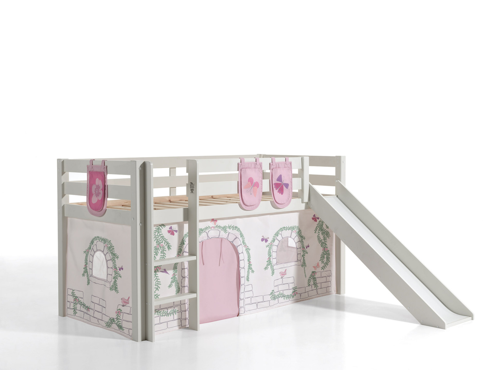 Spielbett PINO mit Rutsche und Vorhang BIRDY - weiß - 3 Taschen - 90x200 cm