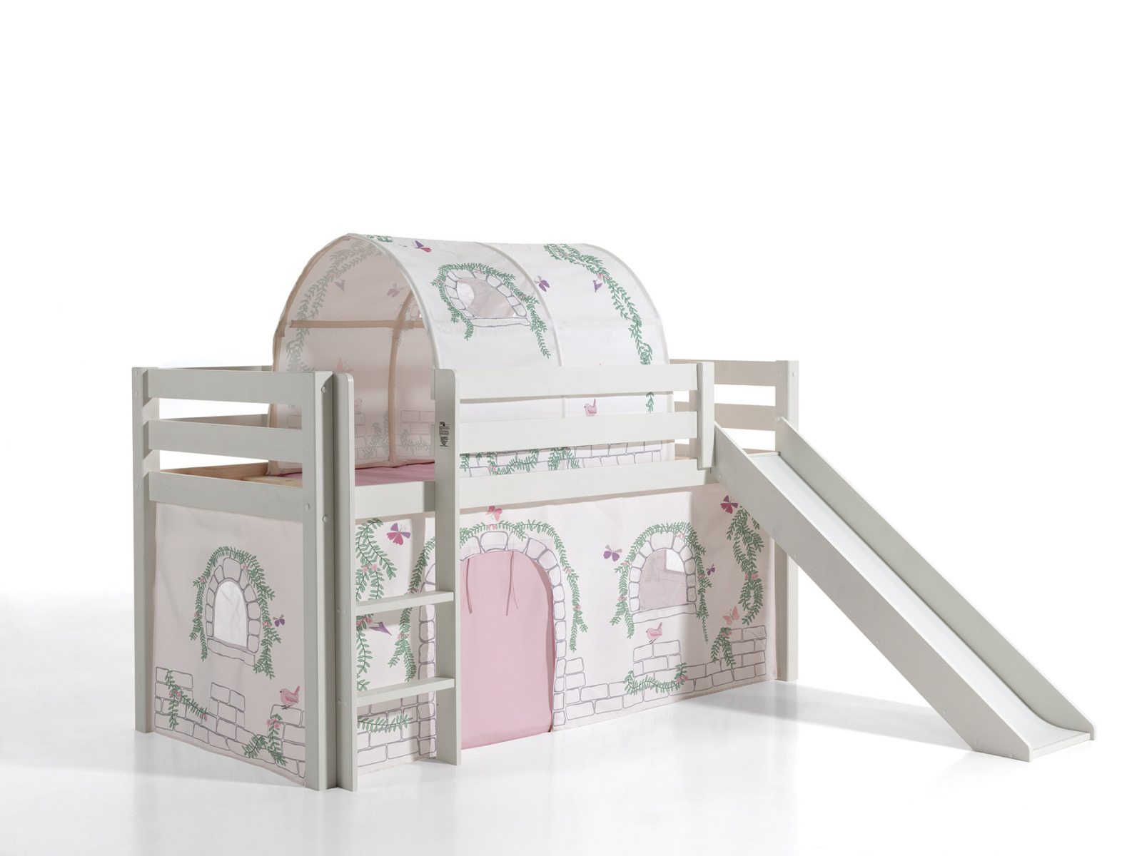 Spielbett PINO mit Rutsche und Vorhang BIRDY - weiß - mit Tunnel - 90x200 cm