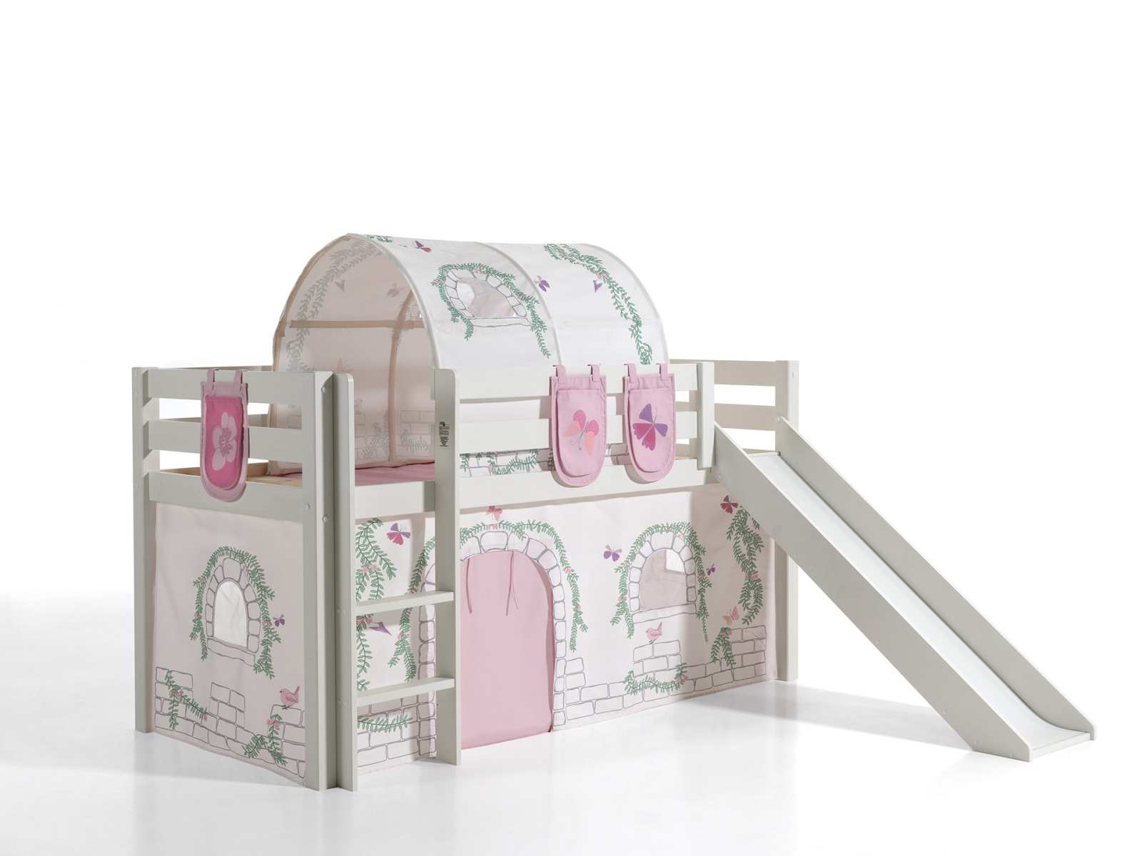 Spielbett PINO mit Rutsche und Vorhang BIRDY - weiß - Tunnel & 3 Taschen - 90x200 cm