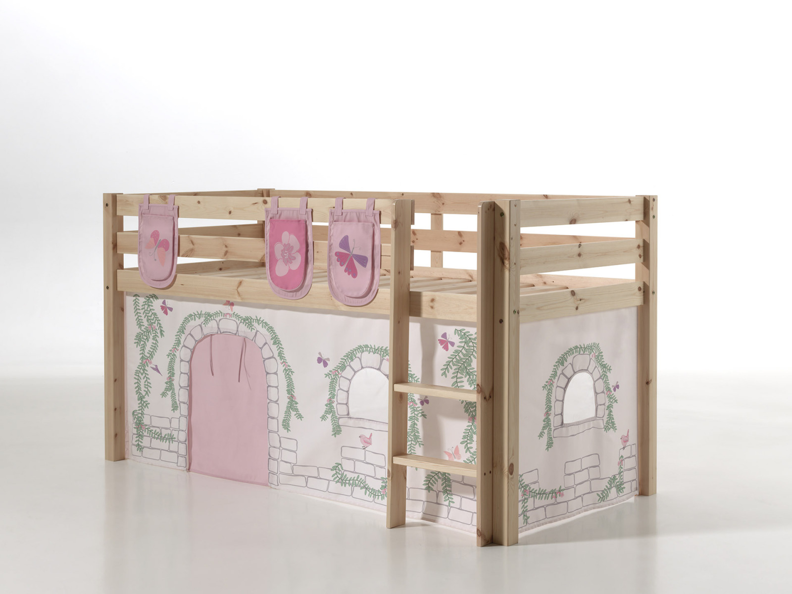 Spielbett PINO mit Vorhang BIRDY - natur - 3 Taschen - 90x200 cm