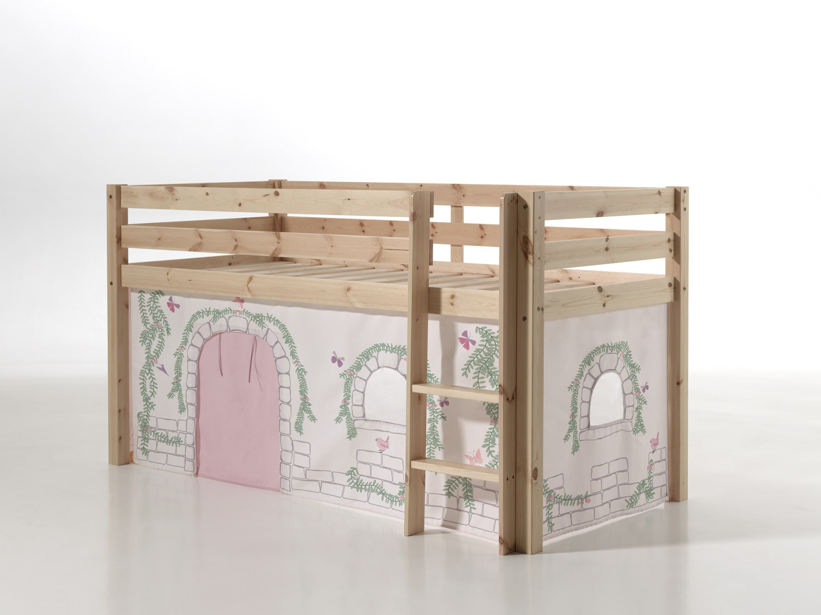 Spielbett PINO mit Vorhang BIRDY - natur - Kiefer - 90x200 cm