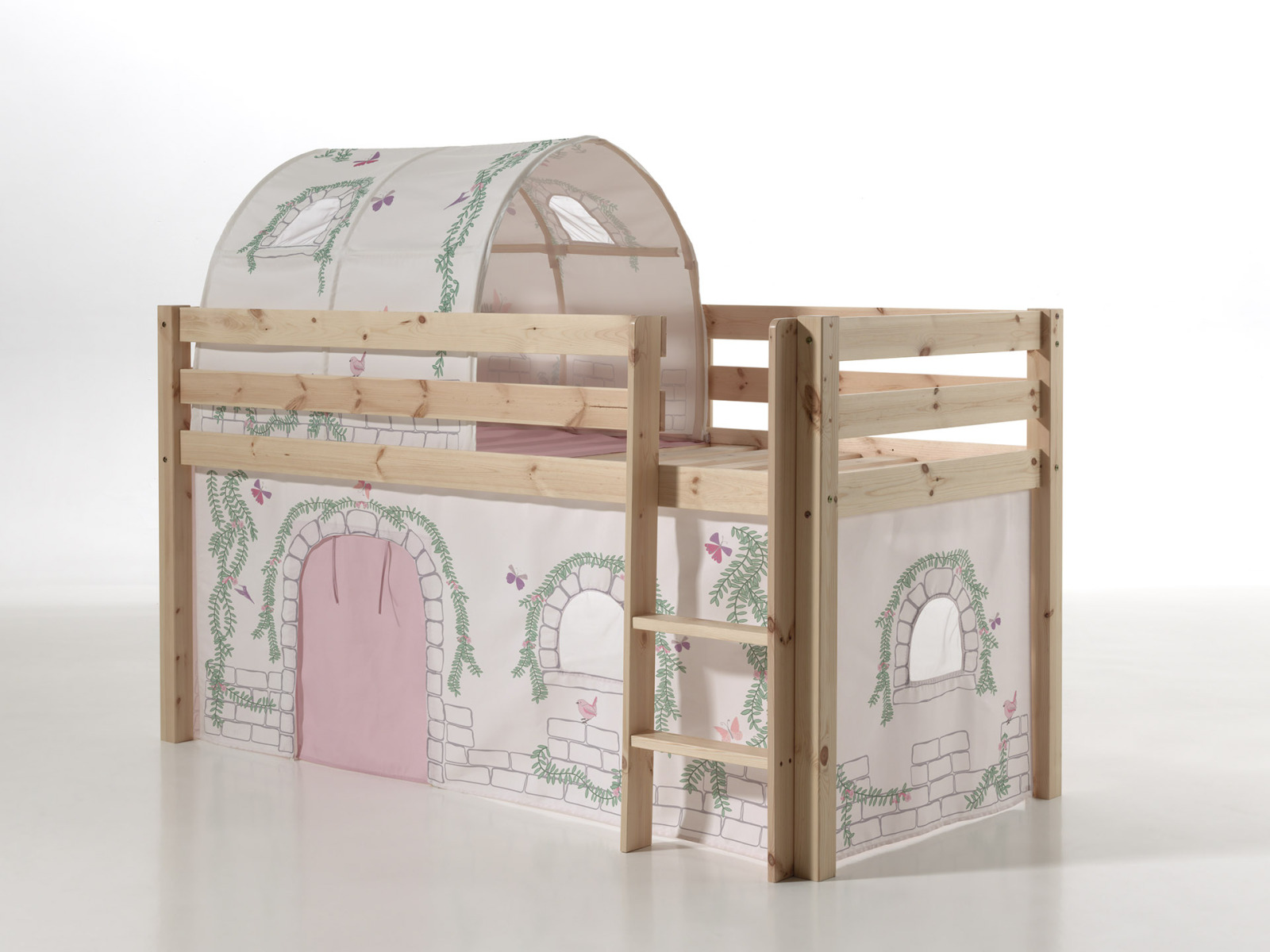 Spielbett PINO mit Vorhang BIRDY - natur - mit Tunnel - 90x200 cm
