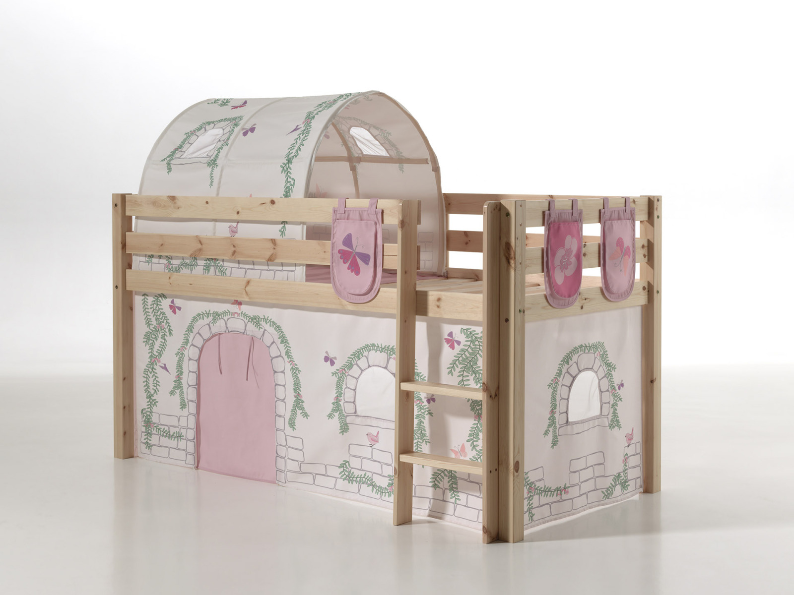 Spielbett PINO mit Vorhang BIRDY - natur - Tunnel & 3 Taschen - 90x200 cm
